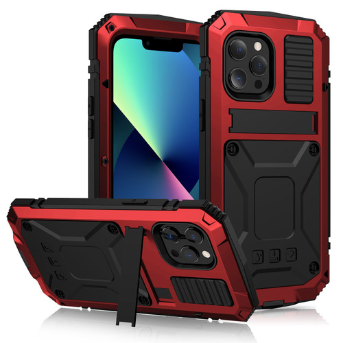 iPhone 13 mini R-JUST Shockproof Water Resistant Dust-proof Metal + Silicone Protective Case with Holder - Red